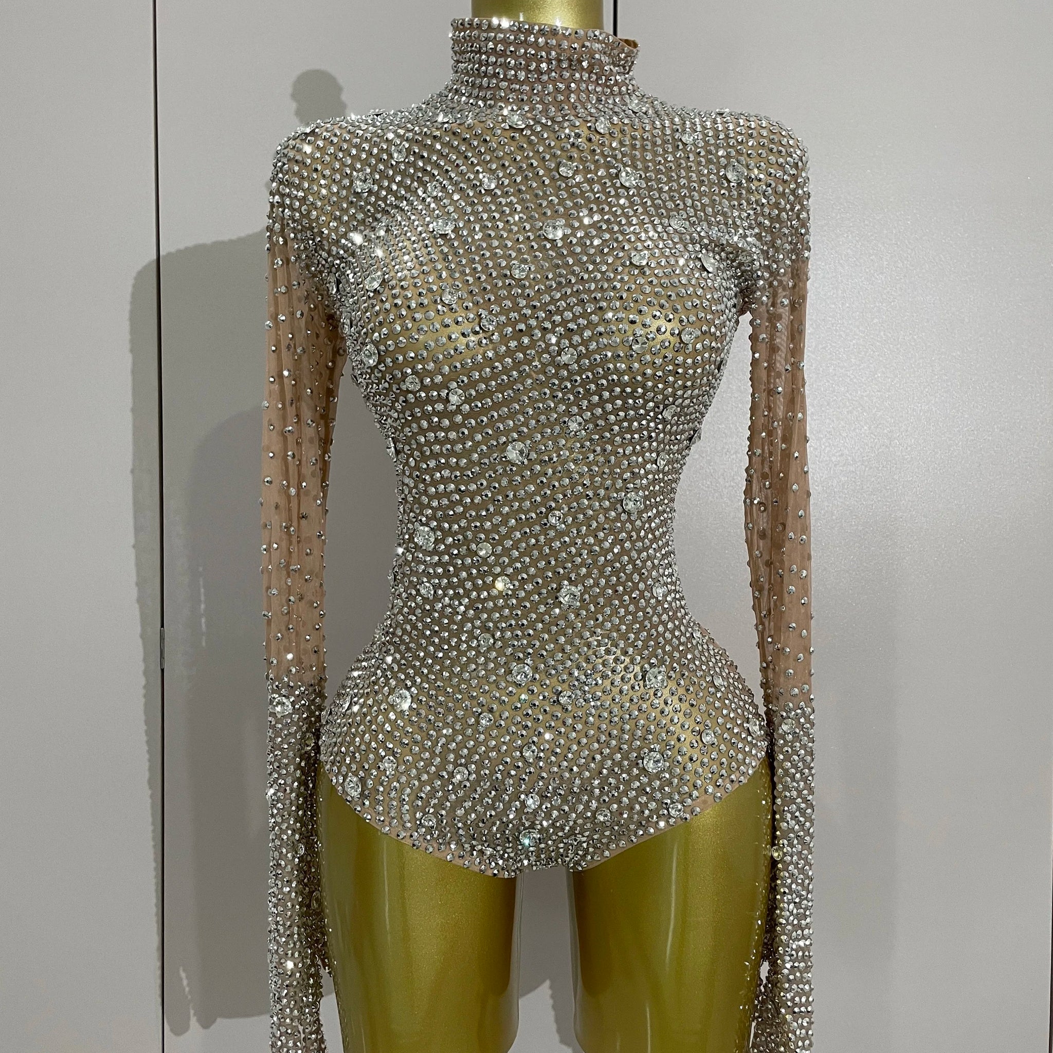 Sparkle Rhinestones Long Sleeve Gloves Stretch Bodysuits Women Evening Luxury Birthday Party Sexy Nightclub Stage Costumes