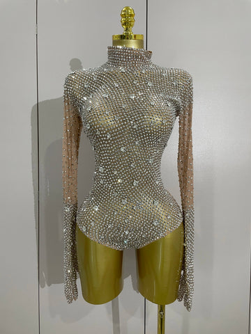 Sparkle Rhinestones Long Sleeve Gloves Stretch Bodysuits Women Evening Luxury Birthday Party Sexy Nightclub Stage Costumes