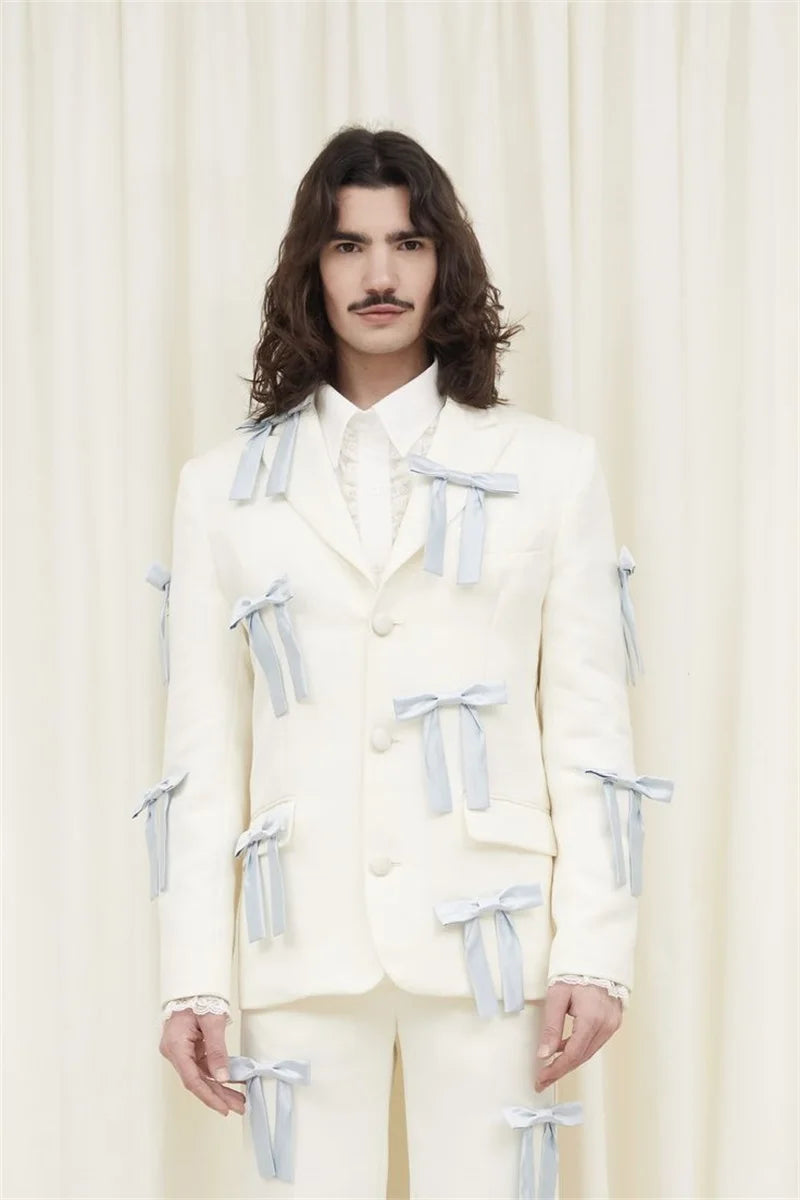 Bow White Formal Men Suit Pants Set 2 Piece Blazer+Trouser Customized Office Business Jacket Cotton Prom Wedding Tuxedo Coat