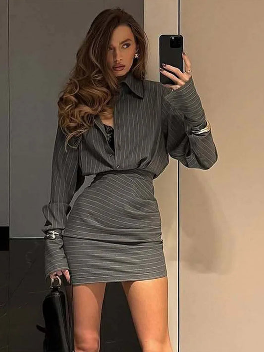 Striped Shirt Mini Skirt Women Two Piece Sets Single Breasted Full Sleeve Blouse Ruched Hip Package Skirts Spring Lady Suit