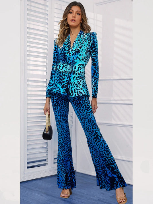 Velvet Pant Suits for Women New Red Blue Leopard Print Flare Pants + Jacket 2pcs Suit Two Piece Set Festival Outfit Women