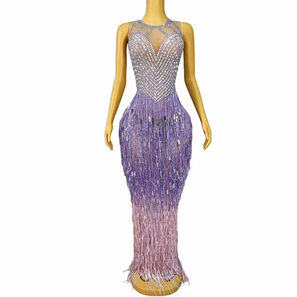 Sexy Luxurious Birthday Celebrate Rhinestones Fringes Dress Sleeveless Purple Pink Tassels Sequins Photoshoot Collections