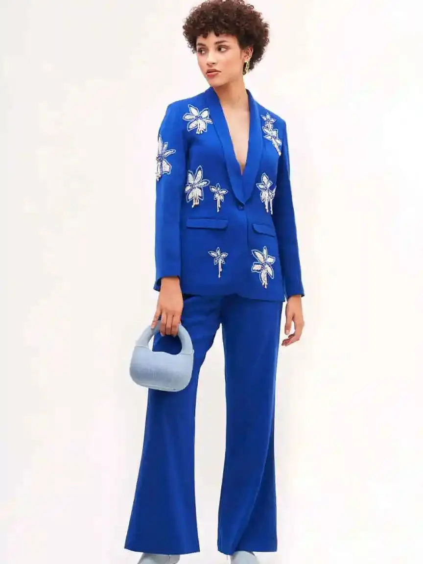 Fashion Customized 2 Pieces Women Suits Crystal Beadeds Office Ladies Work Classic Fit Birthday Party Outfits