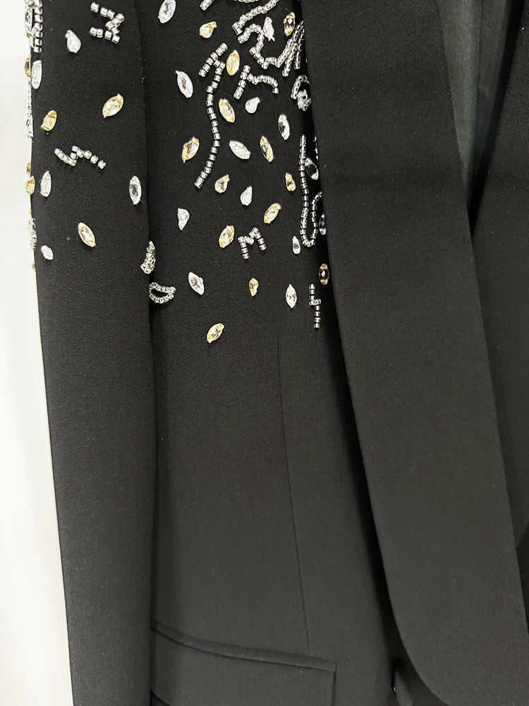 Designer Suit Women Beaded Diamonds  Shawl Collar Double Breasted Blazer Pants Set 2PC