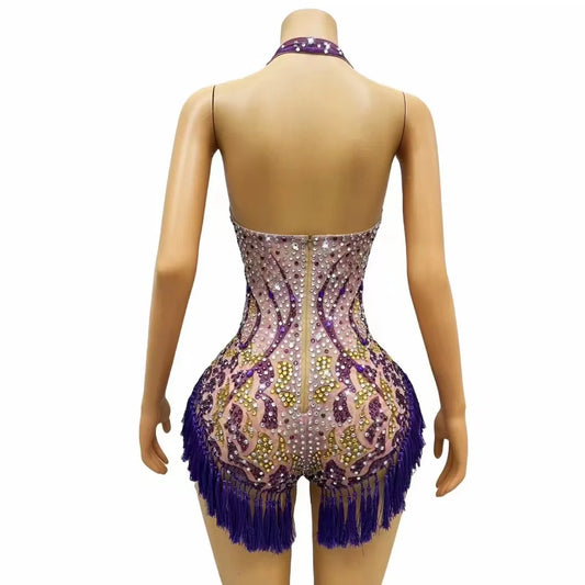 Flashing Silver Purple Fringes Rhinestones Leotard Evening Birthday Celebrate Bodysuit Costume Sleeveless Photoshoot Outfit