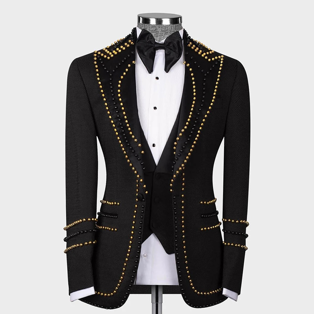 3 Piece Mens Suit Slim Fit Gentlemen Suit Handmade Beads Jacket Vest Pants Customized Wedding Formal Occasions Groom Tuxedo