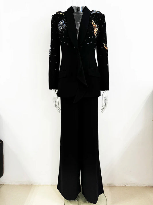 Newest Fashion Runway Suit Set Women's 3D Butterfly Beaded Blazer Wide Leg Pants Set