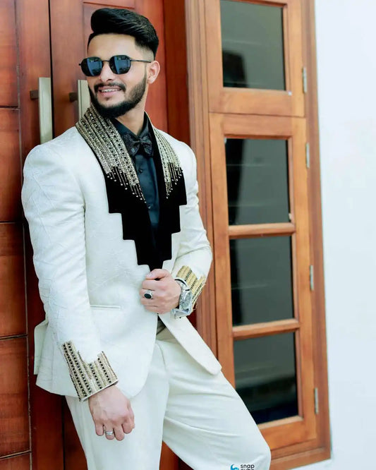 Fashion Wedding Tuxedos Beaded 2 Piece Set Jacket Pants Shawl Lapel  Men Suit Formal Trim Fit Party Suits Customized