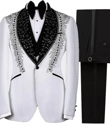 Elegant Men Suits Slim Fit Rhinestone Shawl Lapel Customized Groom Wedding Tuxedos 3 Pieces Sets Male Blazers