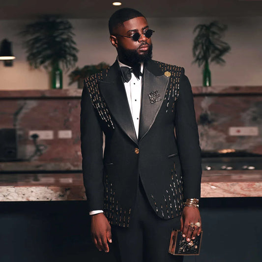 Shiny Beaded Mens Suits with Crytal Shawl Lapel Wedding Groom Tuxedos Male Prom Blazer 2 Pieces Party Traje Hombre Customized