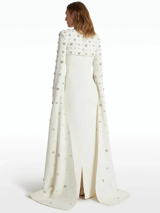 Newest  Vestido Women's Diamonds Beaded  Cape Sleeve Floor Length Maxi Long Dress