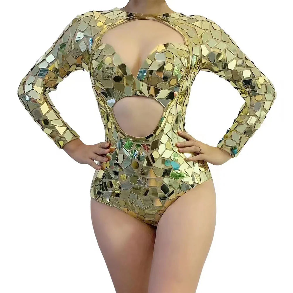 Sexy Stage Gold Rhinestones Mirrors Bodysuit Women Birthday Celebrate Party Outfit DS Bar Singer Dancer Show Performance Costume