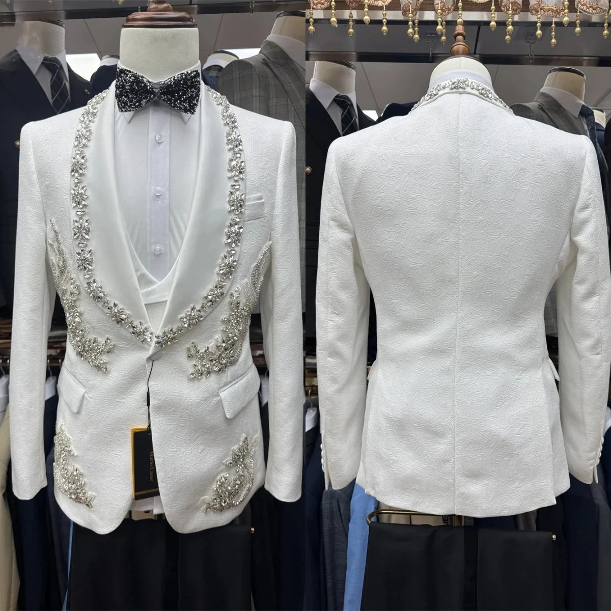 Gorgeous Men Suits Tailor-Made Crystal 2 Pieces Shawl Lapel Applique Jacquard Jacket Blazer One-Button Customized Coat Pants