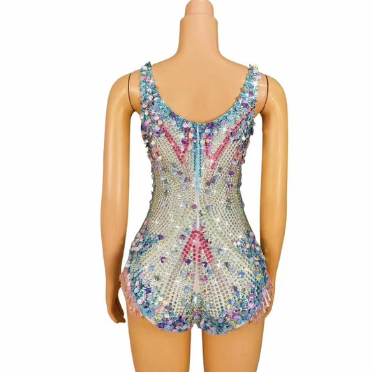 Sexy Stage Luxury Colorful Rhinestones Sequins Shell Sleeveless Leotard Stretch Outfit Birthday Dance Party Gowns Collections