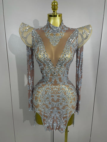 Robe courte transparente et brillante pour femme, tenue de chanteur sexy, tenue de séance photo, avec strass, pour anniversaire