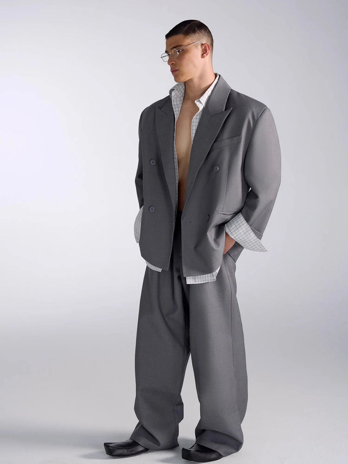 Oversized Grey Blazers for Men Peaked Lapel Shoulder Pads Double Breasted