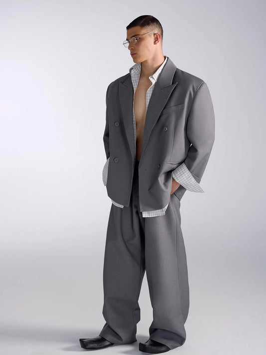 Oversized Grey Blazers for Men Peaked Lapel Shoulder Pads Double Breasted