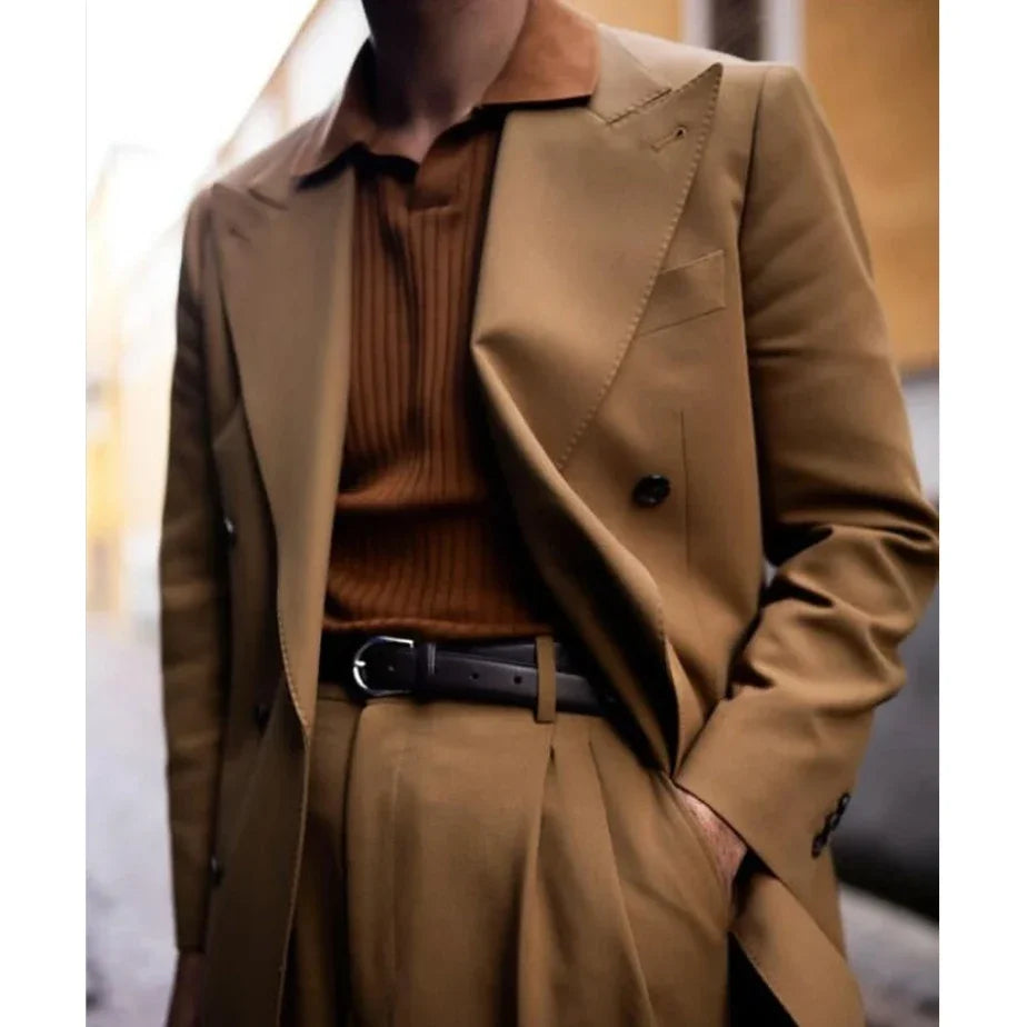 Brown Men's Suits Loose Smart 2 Pieces Peaked Lapel Double Breasted Wedding Casual Daily Custom Male Clothing Jacket Pants