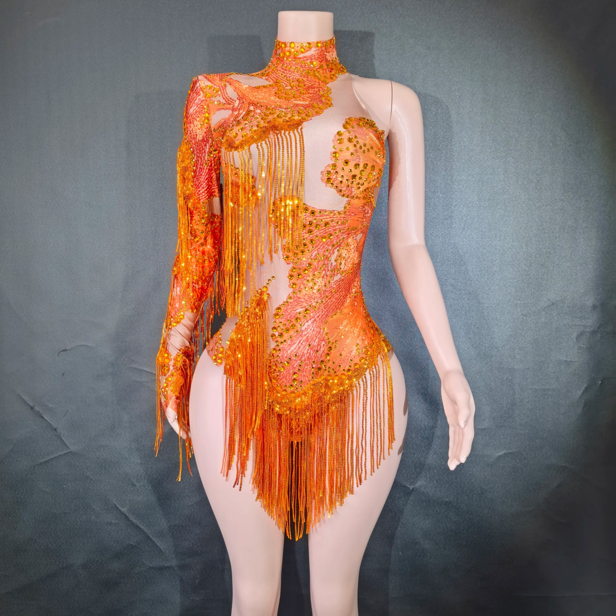 Sexy Skinny Leotard Singer Dancer Show StageWear Sparkly Blue Rhinestones Women DanceCostume Fringes One Shoulder Bodysuit