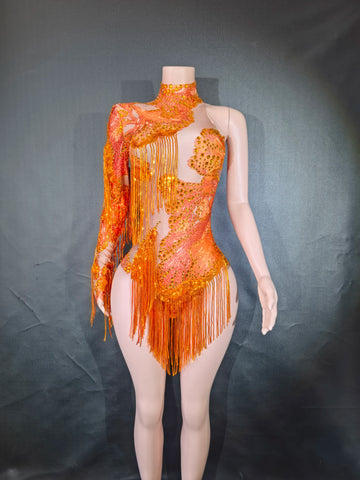 Sexy Skinny Leotard Singer Dancer Show StageWear Sparkly Blue Rhinestones Women DanceCostume Fringes One Shoulder Bodysuit