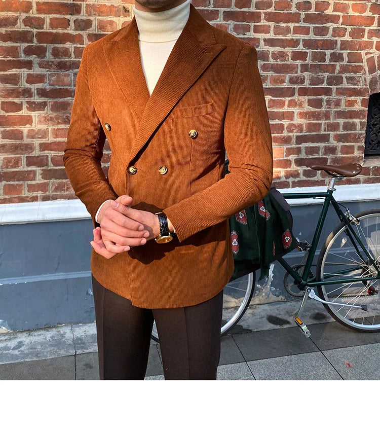 Blazer croisé élégant en velours côtelé bleu pour homme – Veste de costume slim de luxe pour mariages, dîners et événements spéciaux