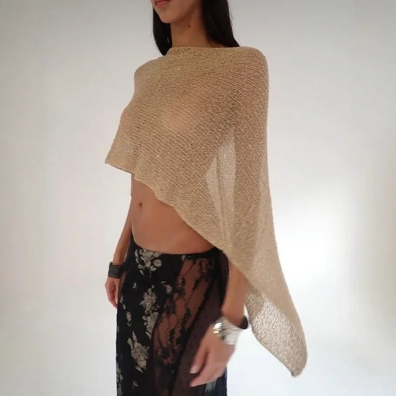 Glitter Knitted One Piece Top Women Fashion Halter Shawl Multi-wear Holiday Cape Beach Tank Summer Casual Cover Ups