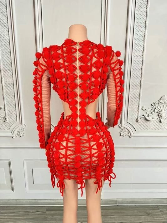 Sexy Women's Red Hollow Out Mini Dress Elegant Full Sleeves Birthday Wedding Dress  New Party Club Photoshoot Dress