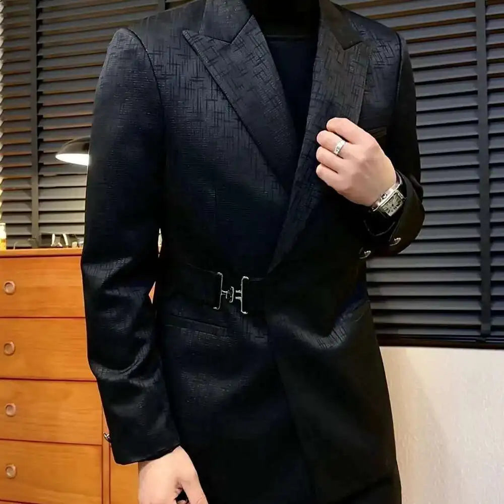 British Men Blazer Metal Buckle Belt Fashion Jacket Wedding Business Dress Coat Social Banquet Tuxedo Costume Groom Wedding Suit