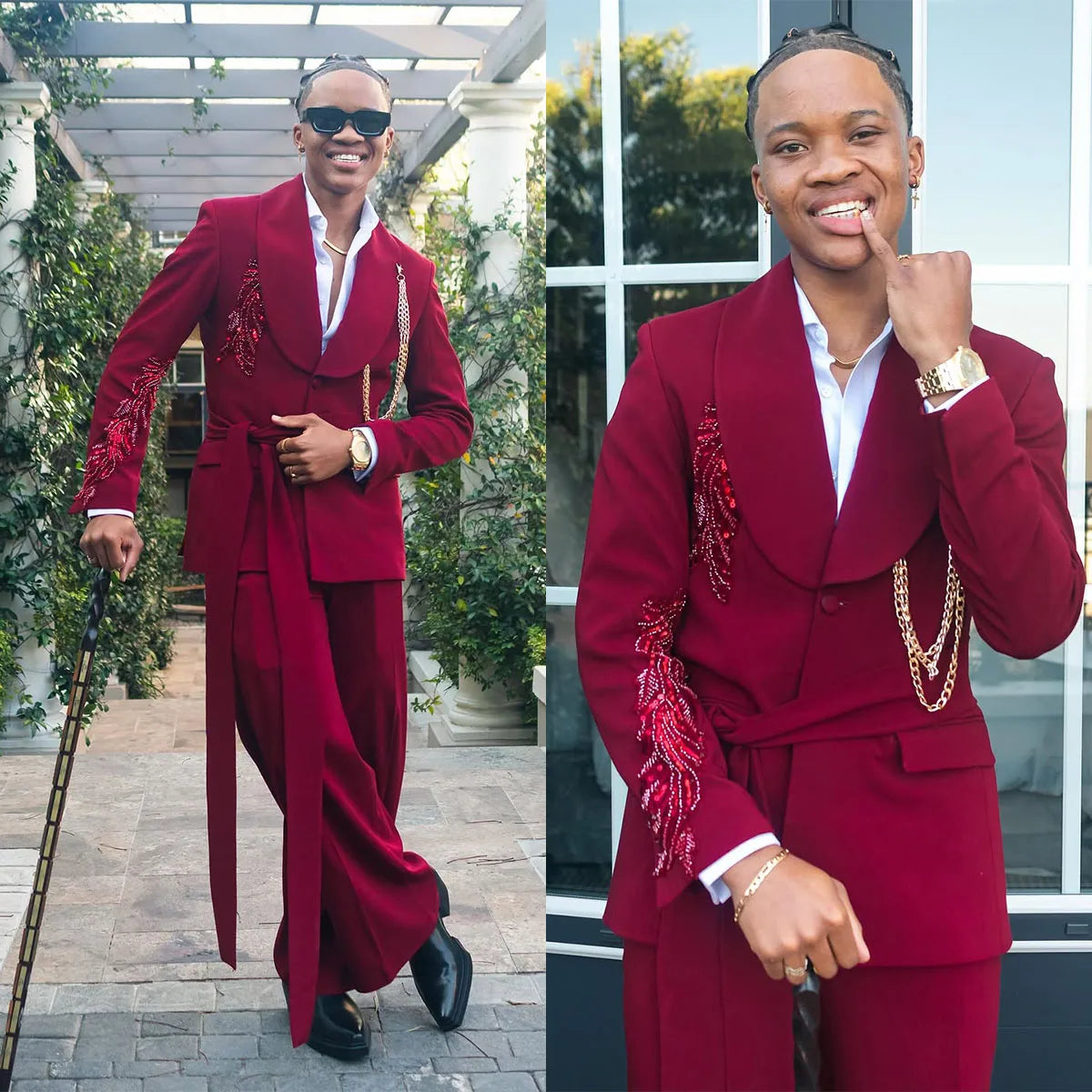 Modern Men's Suit Shawl Lapel Tailor-Made 2 Pieces Set Jacket Appliques Blazer with Belt Sequins Groom Customized Coat Pants