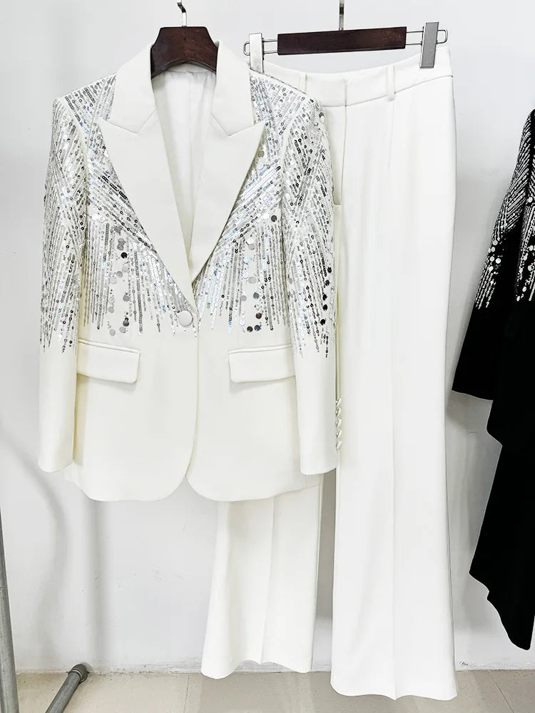 White Beaded Embroidery Sequins Pants Sets Women 2 Piece Outfits Blazer Pantsuits for Women Suits Outfits Black
