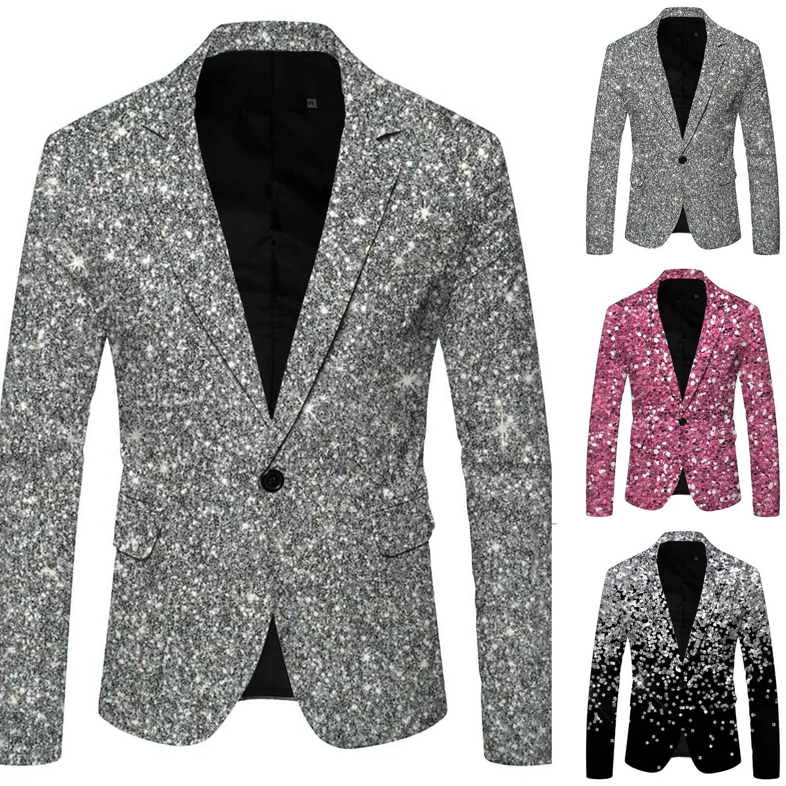 Traje de hombre con estampado de lentejuelas, solapa, botonadura sencilla, un botón, chaqueta deportiva, chaqueta de fiesta, abrigo informal