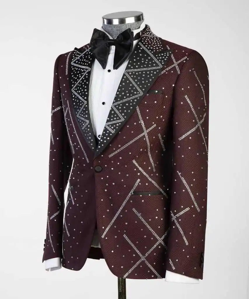 Modern Wedding Groom Tuxedo 2 Piece Blazer Pant Single Breasted Crystals Formal Occasions Party Banquet Customized