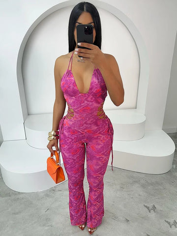 Side Shirring Jumpsuit Women Backless Tie-Dye Print Sleeveless Midnight Party Sexy Clubwear Workout Skinny Overalls