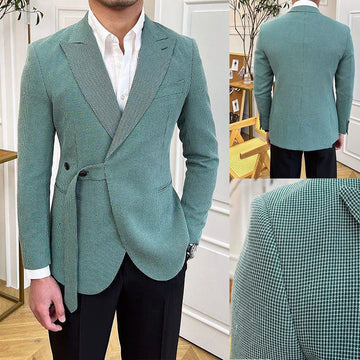 Unique Men Suits Peaked Lapel Houndstooth Tailor-Made 2 Pieces Set Jacket Blazer Groom Customized Coat Vest Black Pants