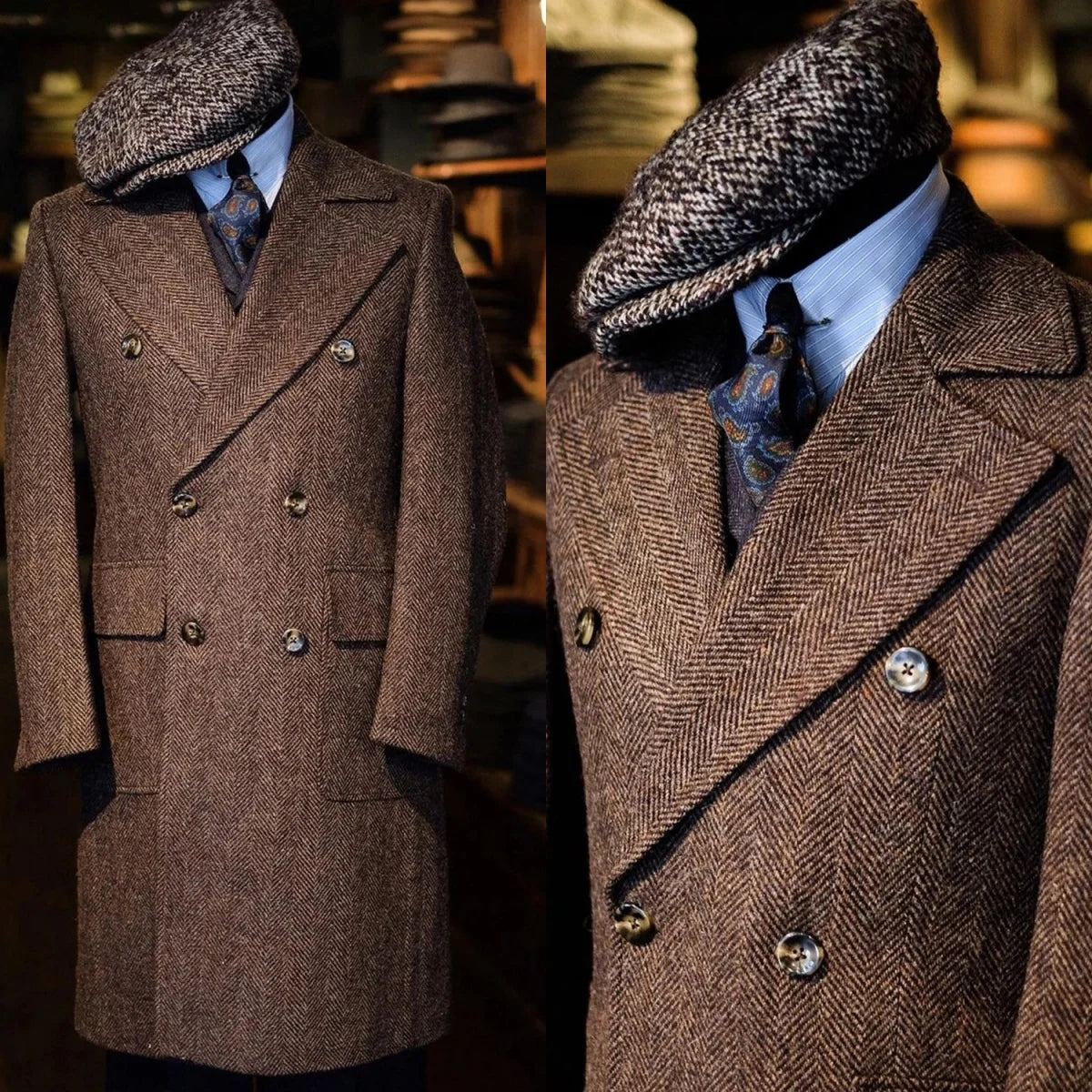 Handsome Men's Overcoat Herringbone Peaked Lapel Overgarment Autumn Warm Tailor-Made Topcoat Double Breasted Customized Coat