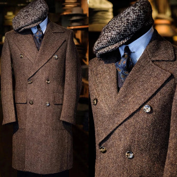 Handsome Men's Overcoat Herringbone Peaked Lapel Overgarment Autumn Warm Tailor-Made Topcoat Double Breasted Customized Coat