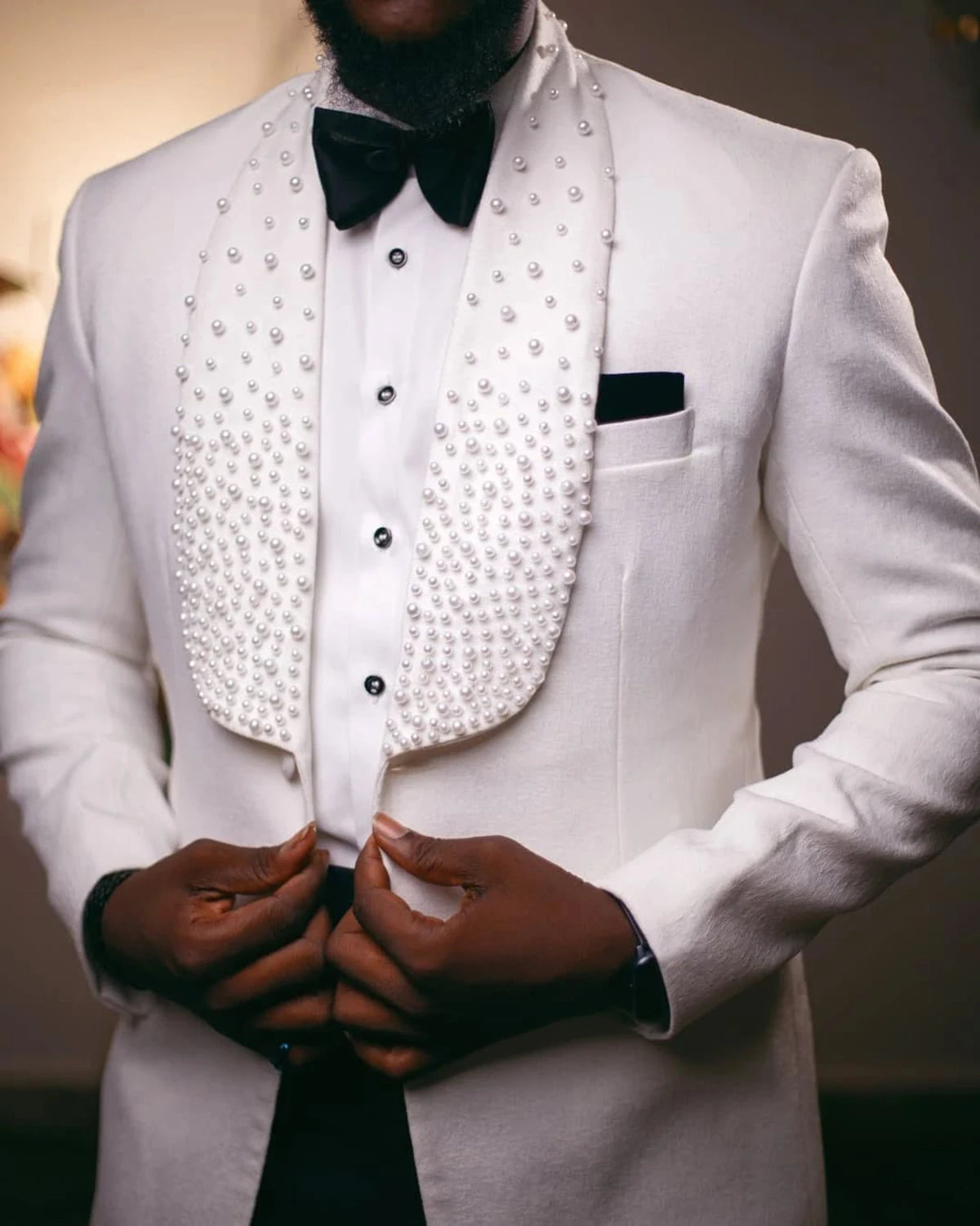 Elegant Men Suits Pearls Tailor-Made 2 Pieces Shawl Lapel Jacket Groom Blazer One Button Evening Party Customized Coat Pants