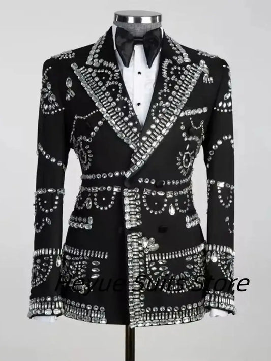 Luxurious Man Suits Diamonds Slim Fit Peak Lapel Groom Wedding Party Tuxedos Custom Made Fashion Male Blazers Costumes Homme