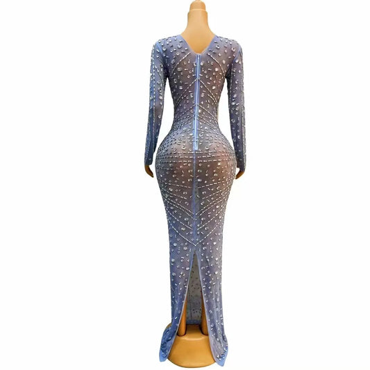 Sexy Stage Bling Silver Rhinestones Birthday Celebrate Blue Dress Dance Stretch Crystals Outfit Prom Singer Dance Collections