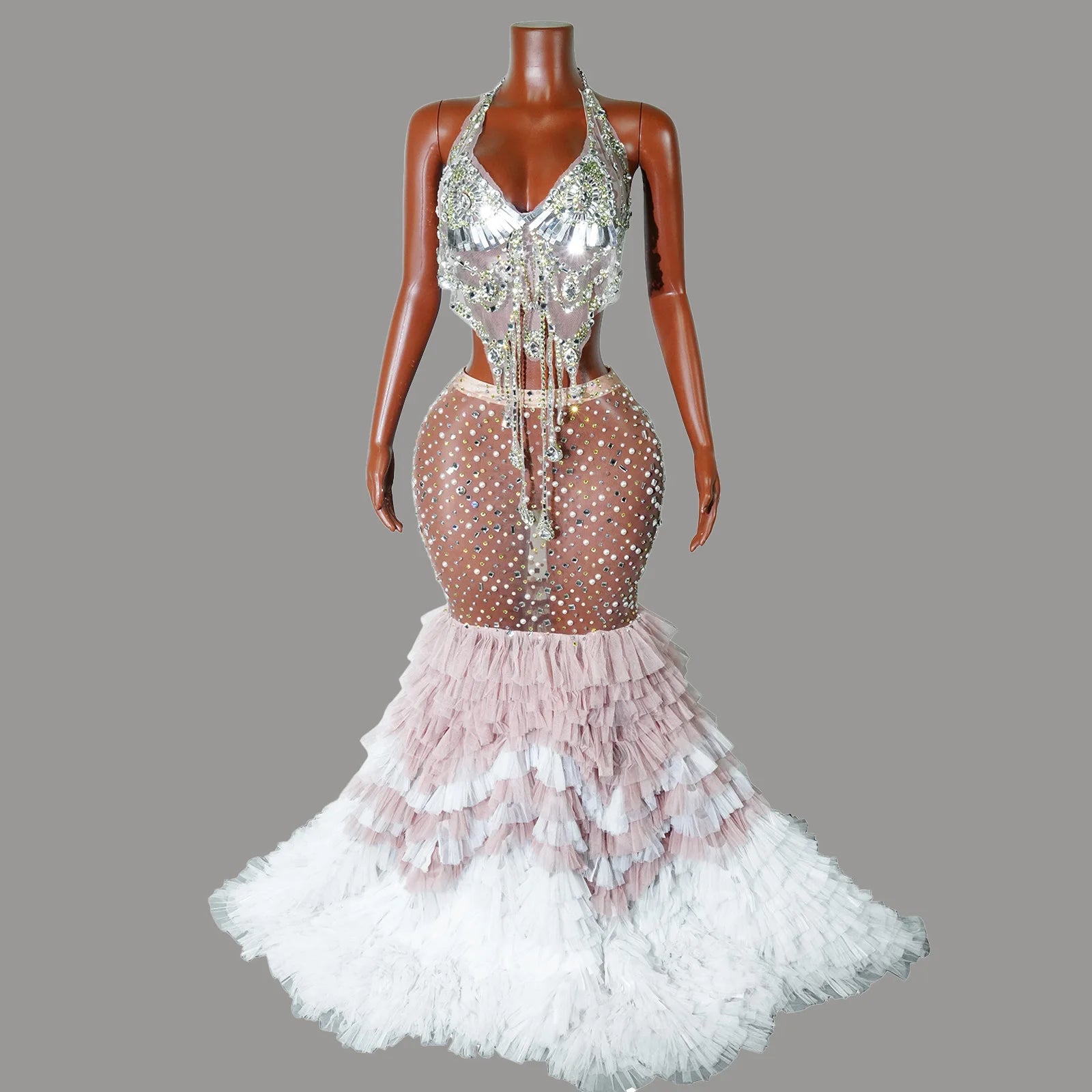 Sparkly Rhinestone Pearl Feather Maxi Dress Women Stage Gown Evening Party Birthday Prom Photoshoot Siren Costume Wear