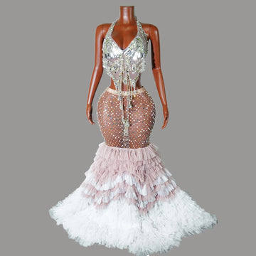 Sparkly Rhinestone Pearl Feather Maxi Dress Women Stage Gown Evening Party Birthday Prom Photoshoot Siren Costume Wear