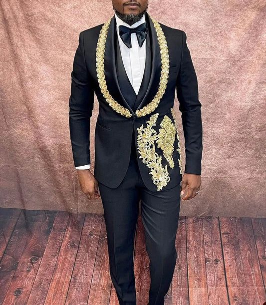 Wedding Men Suits Appliques Beading 3 Pieces Set Shawl Lapel Shiny Blazer Celebrity Tuxedo Coat Jacket Vest Pants Customized