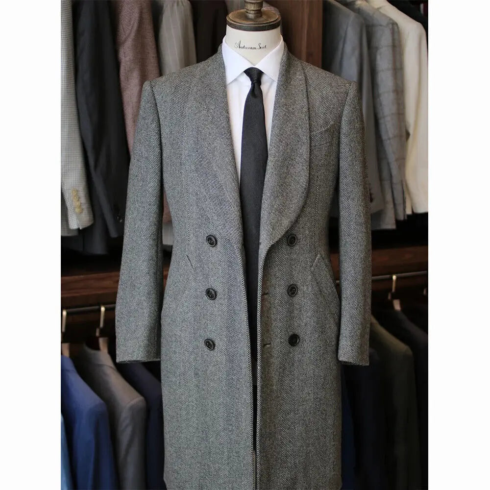 Elegant Men's Overcoat Herringbone Shawl Lapel Tailor-Made Windbreaker One Piece Double Breasted Warm Customized Overgarment