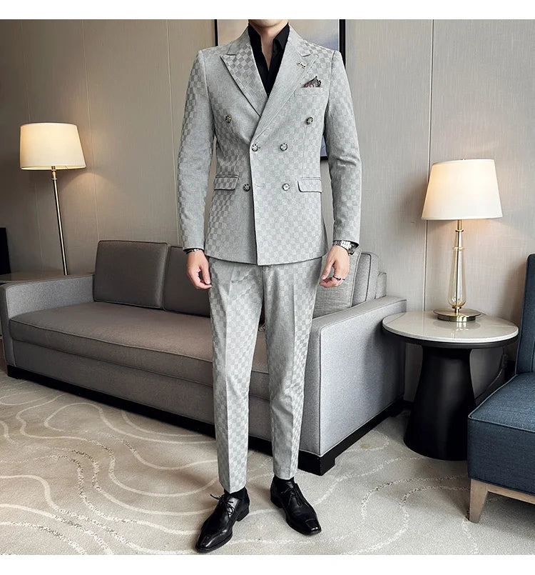 Elegant Double-Breasted Navy Checker Suit for Men – Custom Tailored Business & Wedding Attire, Stylish Formalwear Set