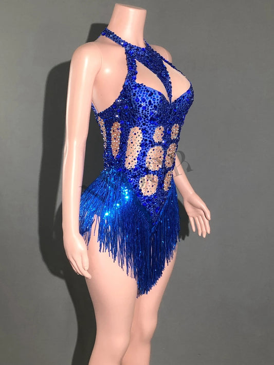 Body à paillettes et franges bleu scintillant pour femme, tenue de danse sexy pour spectacle, chanteuse, danseuse, spectacle, scène 