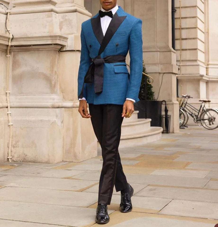 Costume homme pied-de-poule bleu sur mesure 2 pièces blazer pantalon noir smoking avec ceinture affaires moderne mariage marié bal sur mesure