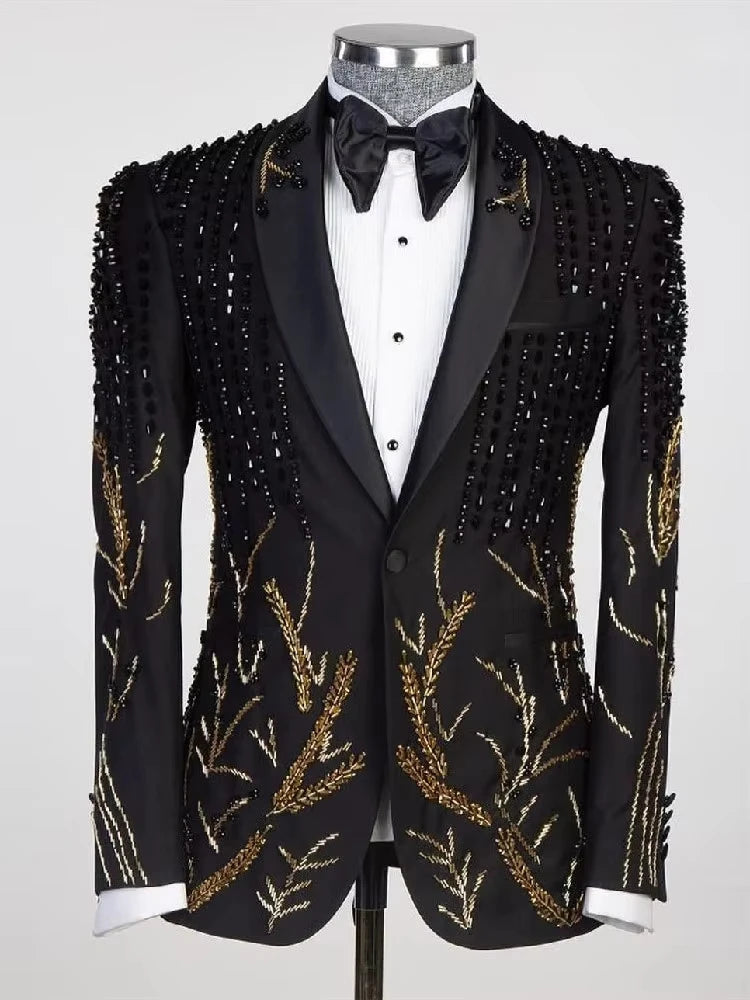 Tailor-Made Men's Suits Customized 2 Pieces Blazer Pants One Button Sheer Satin Lapel Appliques Beads Diamonds Plus Size Formal