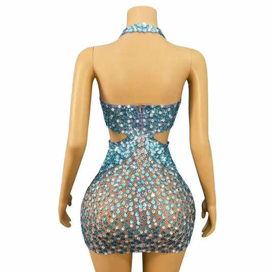 Sexy Flashing Seashell Sequins Rhinestones Halterneck Backless Dress Evening Birthday Celebrate Gown Show Stage Wear Outfit