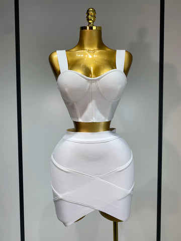 Women Sexy Top Short Skirt Bodycon Bandage Two Pieces Sets White Black Evening Party Luxury Birthday Outfit Nightclub Suits