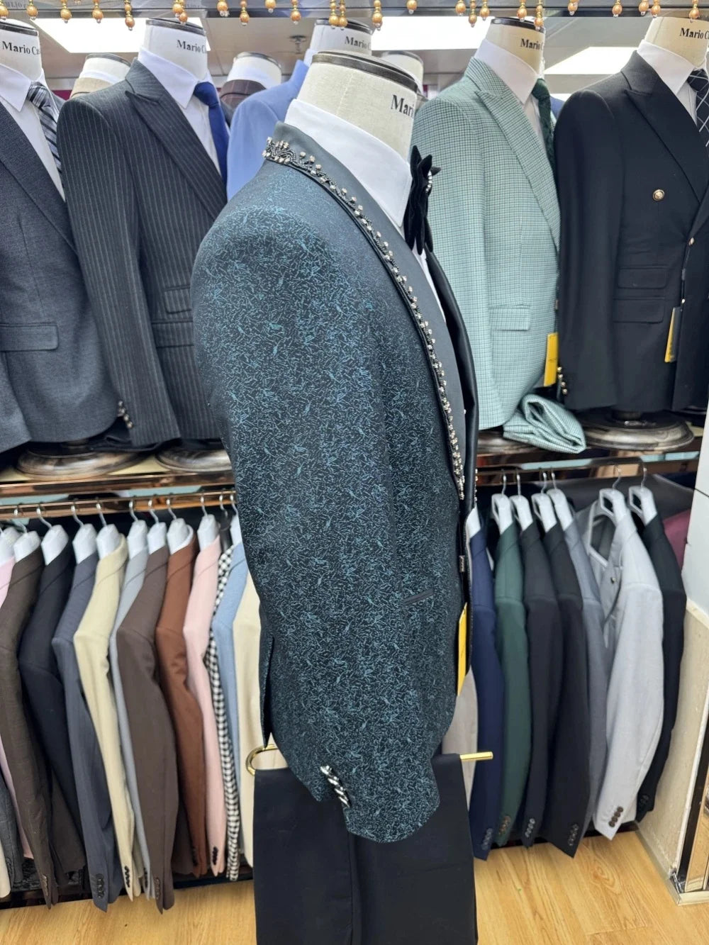 Vintage Men's Suit Rhinestone 2 Pieces Set Jacquard Jacket Tailor-Made Shawl Lapel Blazer One Button Customized Coat Black Pants